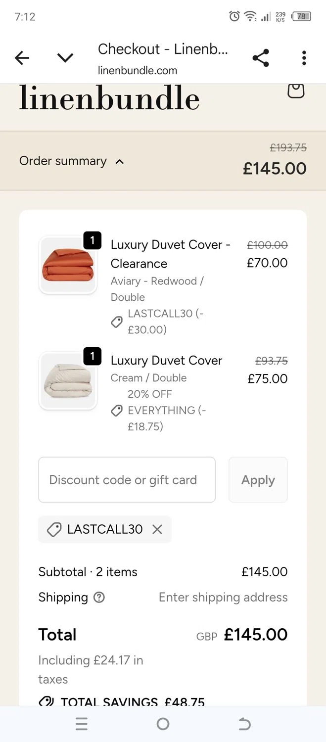 Linen Bundle discount code screenshot showing code LASTCALL30 applied at Linen Bundle checkout page. Uploaded by SimplyCodes community member 502312 on Dec 11, 2025
