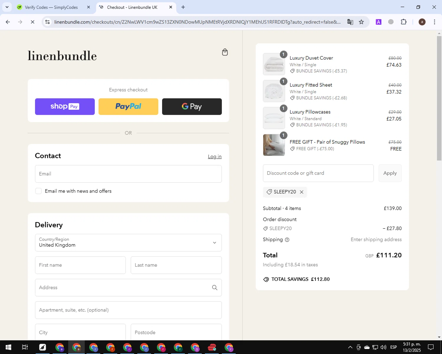Linen Bundle checkout page showing Linen Bundle discount code box | Screenshot taken by SimplyCodes community member on Feb 13, 2025