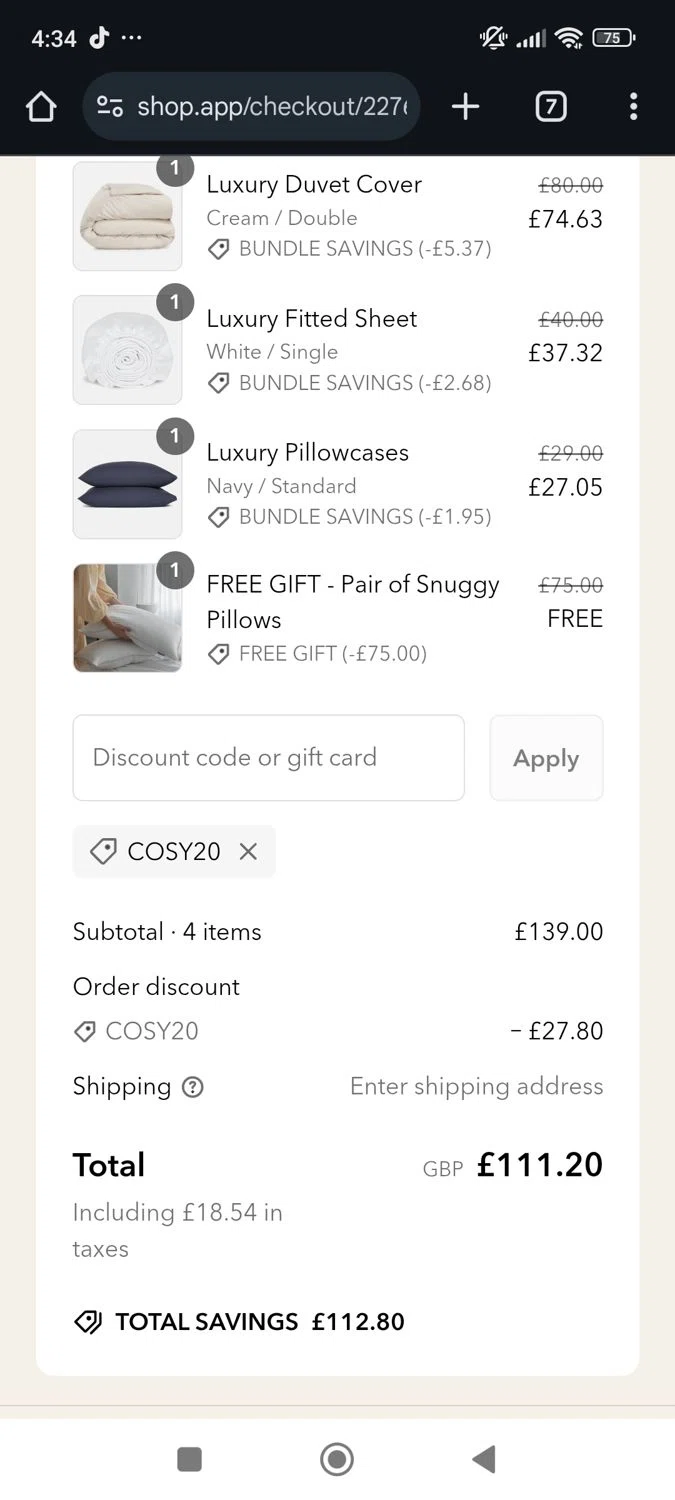 Linen Bundle checkout page showing Linen Bundle discount code box | Screenshot taken by SimplyCodes community member on Feb 13, 2025