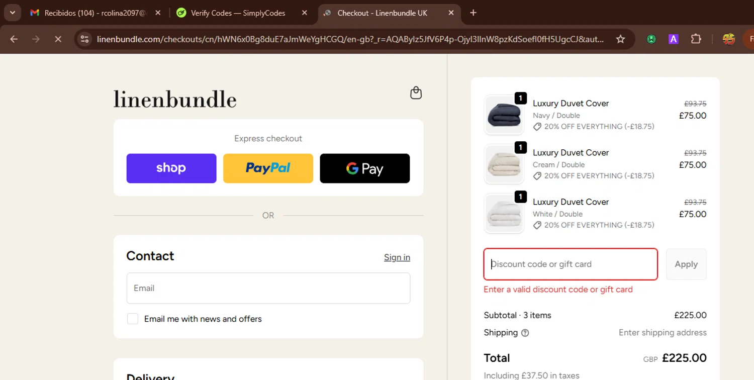 Linen Bundle discount code screenshot showing code SAVE30 applied at Linen Bundle checkout page. Uploaded by SimplyCodes community member WonderWarden594 on Dec 28, 2025