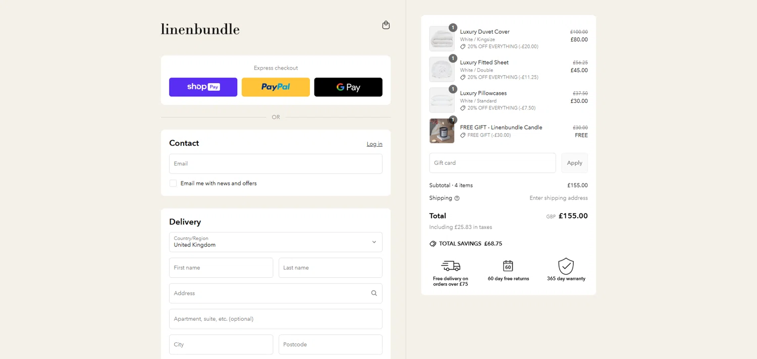 Linen Bundle discount code screenshot showing code EVERYTHING applied at Linen Bundle checkout page. Uploaded by SimplyCodes community member ivantorres on May 27, 2025