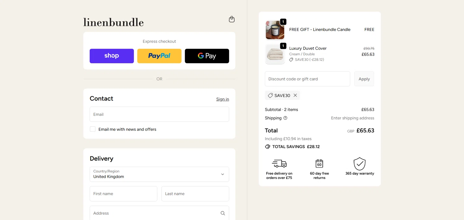 Linen Bundle discount code screenshot showing code SAVE30 applied at Linen Bundle checkout page. Uploaded by SimplyCodes community member marielysmorales on Nov 29, 2025