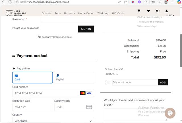 Linen Handmade Studio checkout page showing Linen Handmade Studio promo code box | Screenshot taken by SimplyCodes community member on Jul 25, 2025