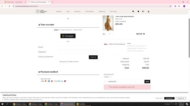 Linen Handmade Studio checkout page showing Linen Handmade Studio promo code box | Screenshot taken by SimplyCodes community member on Jun 13, 2025