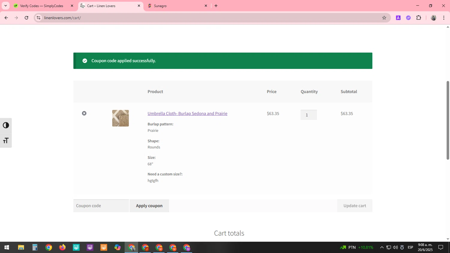 Linen Lovers discount code screenshot showing code EMAIL15 applied at Linen Lovers checkout page. Uploaded by SimplyCodes community member SARAI13 on Jun 20, 2025