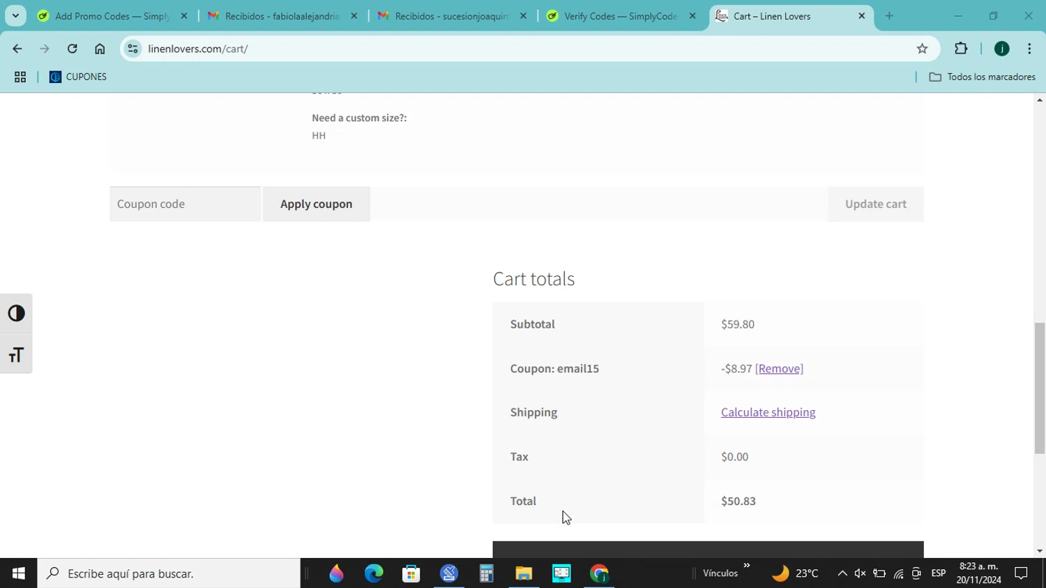 Linen Lovers checkout page showing Linen Lovers discount code box | Screenshot taken by SimplyCodes community member on Nov 20, 2024