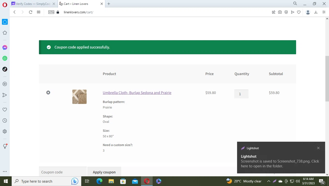 Linen Lovers checkout page showing Linen Lovers discount code box | Screenshot taken by SimplyCodes community member on Mar 31, 2023