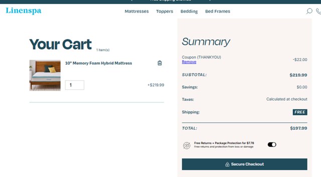 Linenspa checkout page showing Linenspa promo code box | Screenshot taken by SimplyCodes community member on Aug 19, 2025