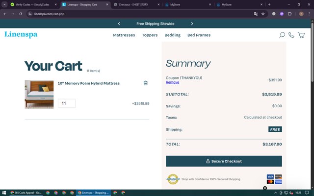 Linenspa checkout page showing Linenspa promo code box | Screenshot taken by SimplyCodes community member on Jul 21, 2025