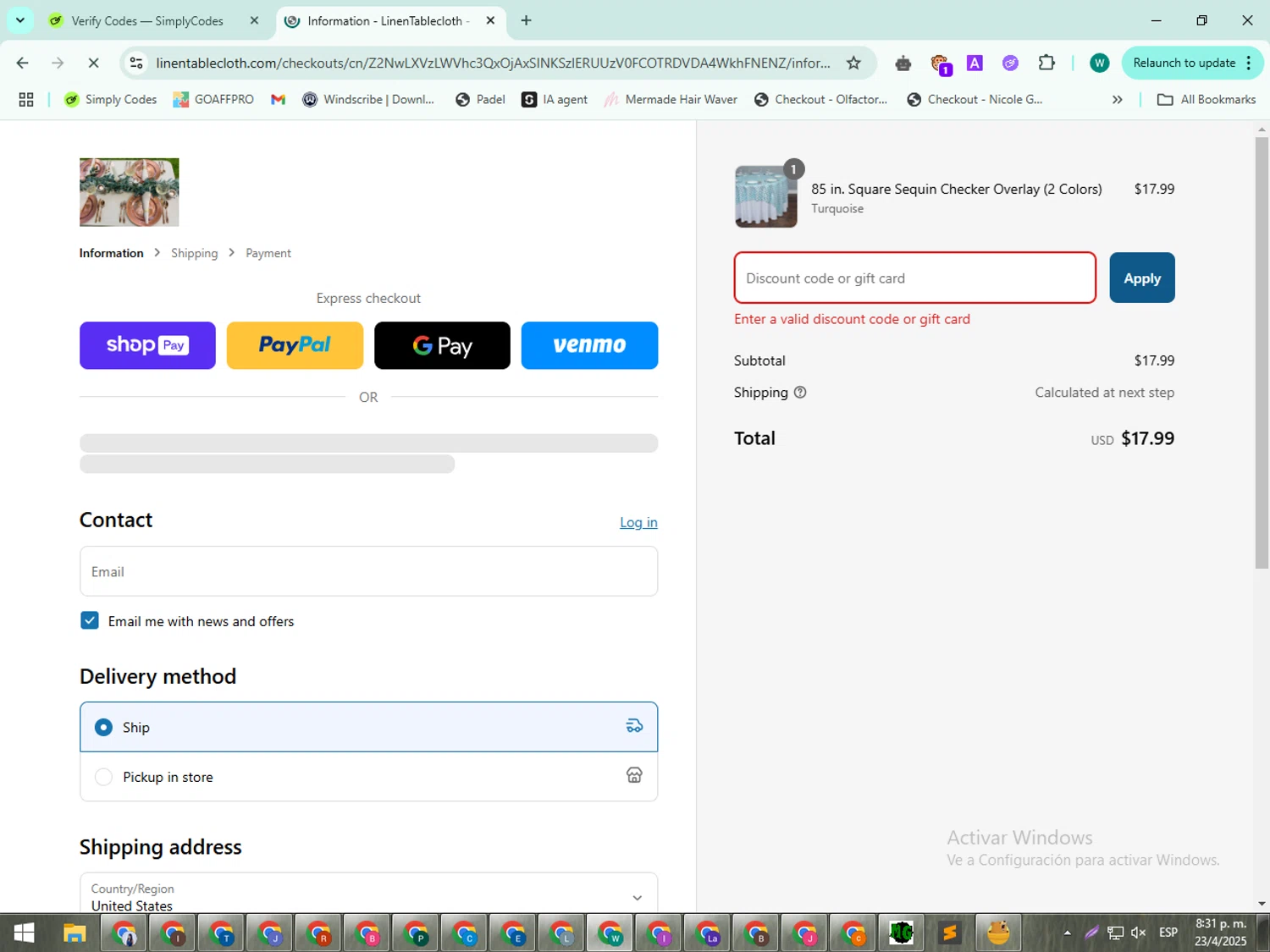 LinenTablecloth discount code screenshot showing code APPERAL2025 applied at LinenTablecloth checkout page. Uploaded by SimplyCodes community member BudgetWizard5987 on Apr 24, 2025