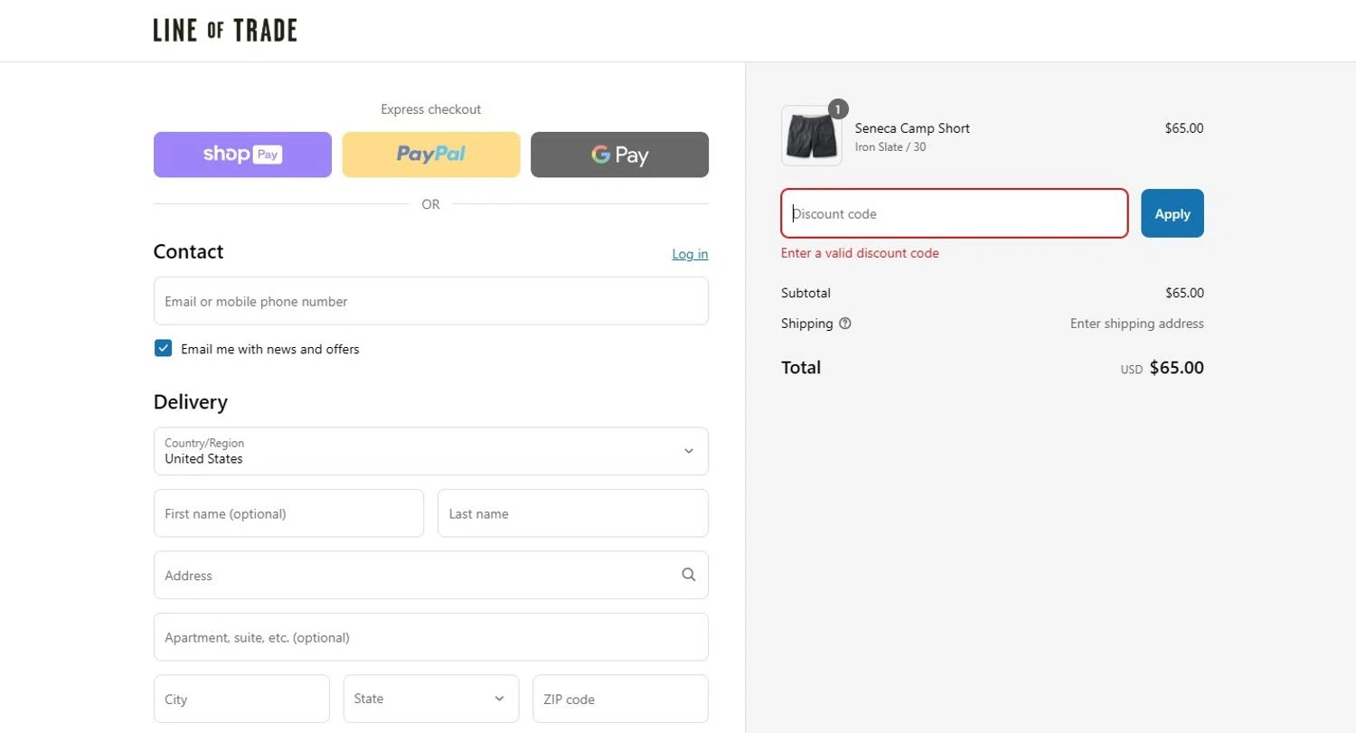 Line of Trade discount code screenshot showing code JFRCLWJV applied at Line of Trade checkout page. Uploaded by SimplyCodes community member Alydrop on Apr 8, 2025