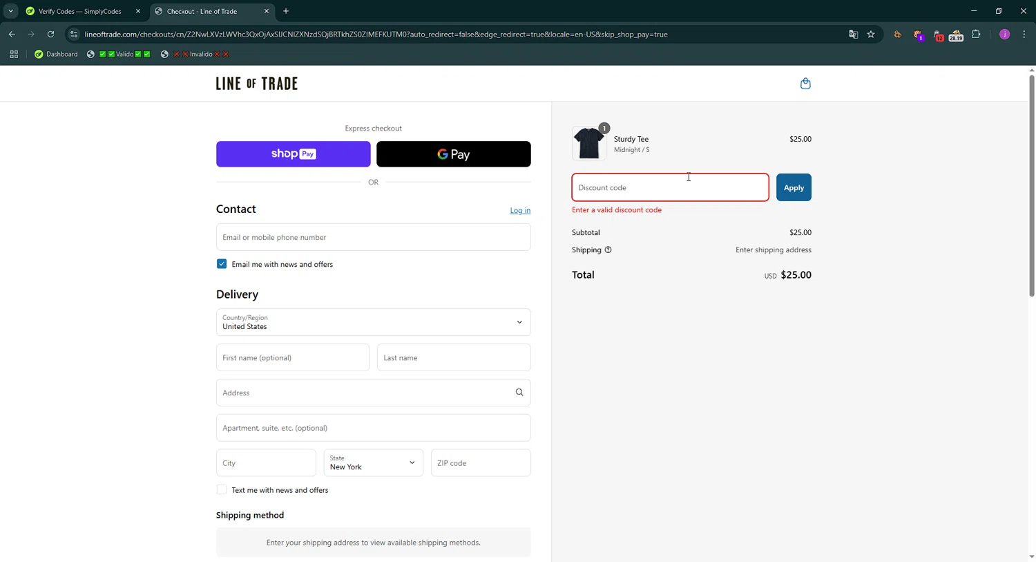 Line of Trade discount code screenshot showing code JFRCLWJV applied at Line of Trade checkout page. Uploaded by SimplyCodes community member WonderMaverick6123 on Apr 8, 2025