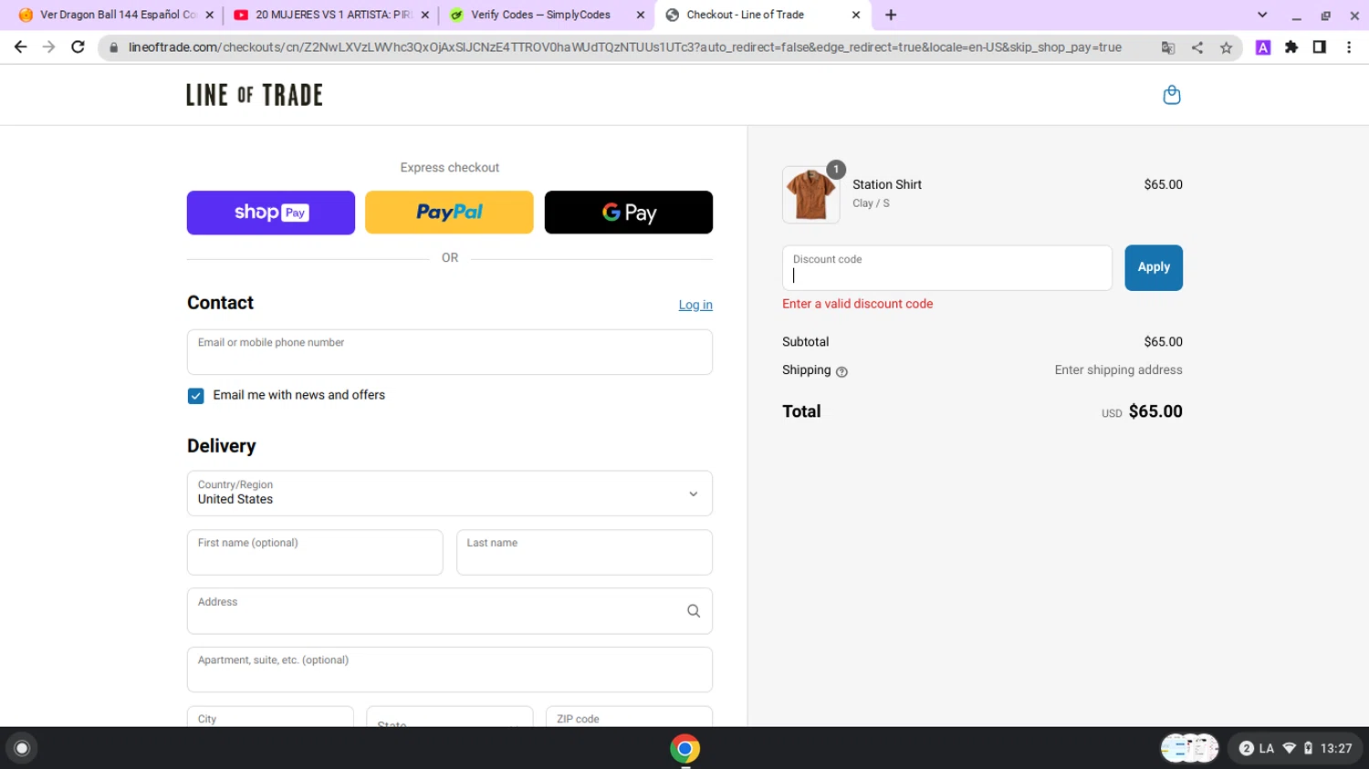 Line of Trade discount code screenshot showing code JFRCLWJV applied at Line of Trade checkout page. Uploaded by SimplyCodes community member lapampita on Apr 8, 2025