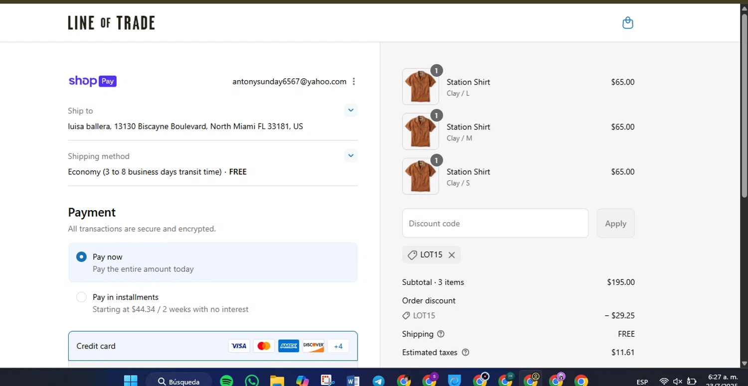 Line of Trade discount code screenshot showing code LOT15 applied at Line of Trade checkout page. Uploaded by SimplyCodes community member CleverLynx5188 on Jul 23, 2025