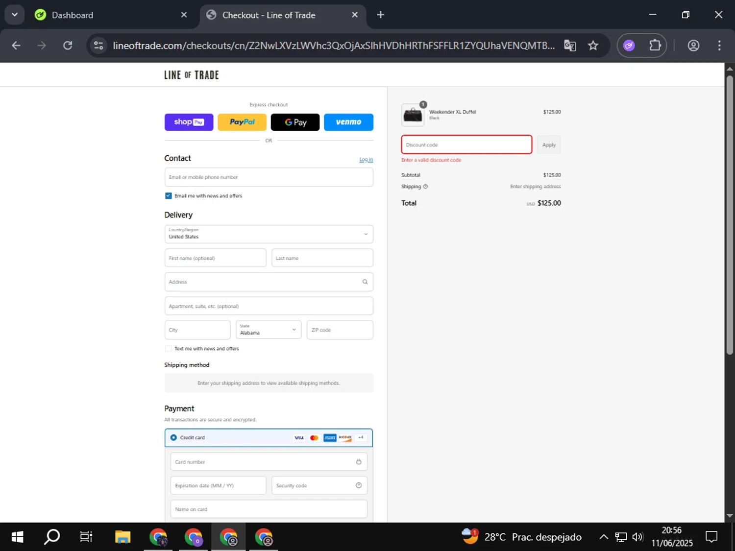 Line of Trade discount code screenshot showing code GB8JFXV4 applied at Line of Trade checkout page. Uploaded by SimplyCodes community member BonusDefender4693 on Jun 12, 2025