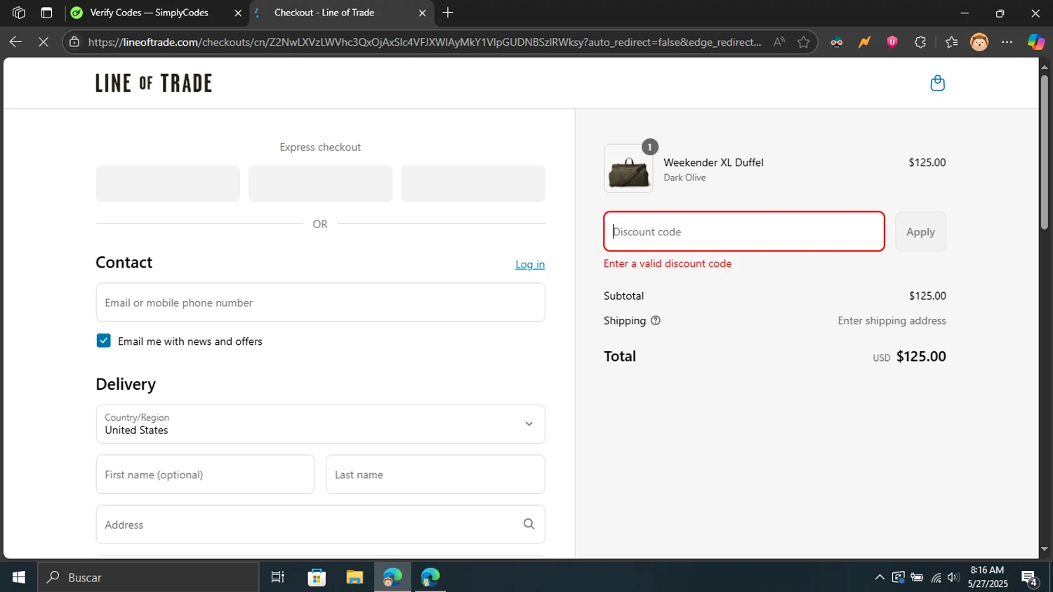 Line of Trade discount code screenshot showing code 5WFP62C6 applied at Line of Trade checkout page. Uploaded by SimplyCodes community member Blackleg_Sanji on May 27, 2025