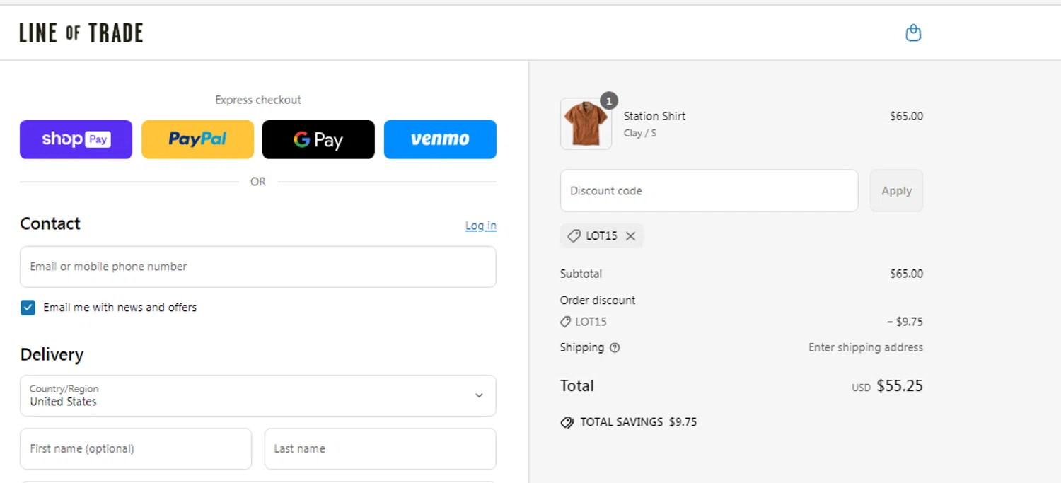 Line of Trade discount code screenshot showing code LOT15 applied at Line of Trade checkout page. Uploaded by SimplyCodes community member carlosrivero on Apr 17, 2025