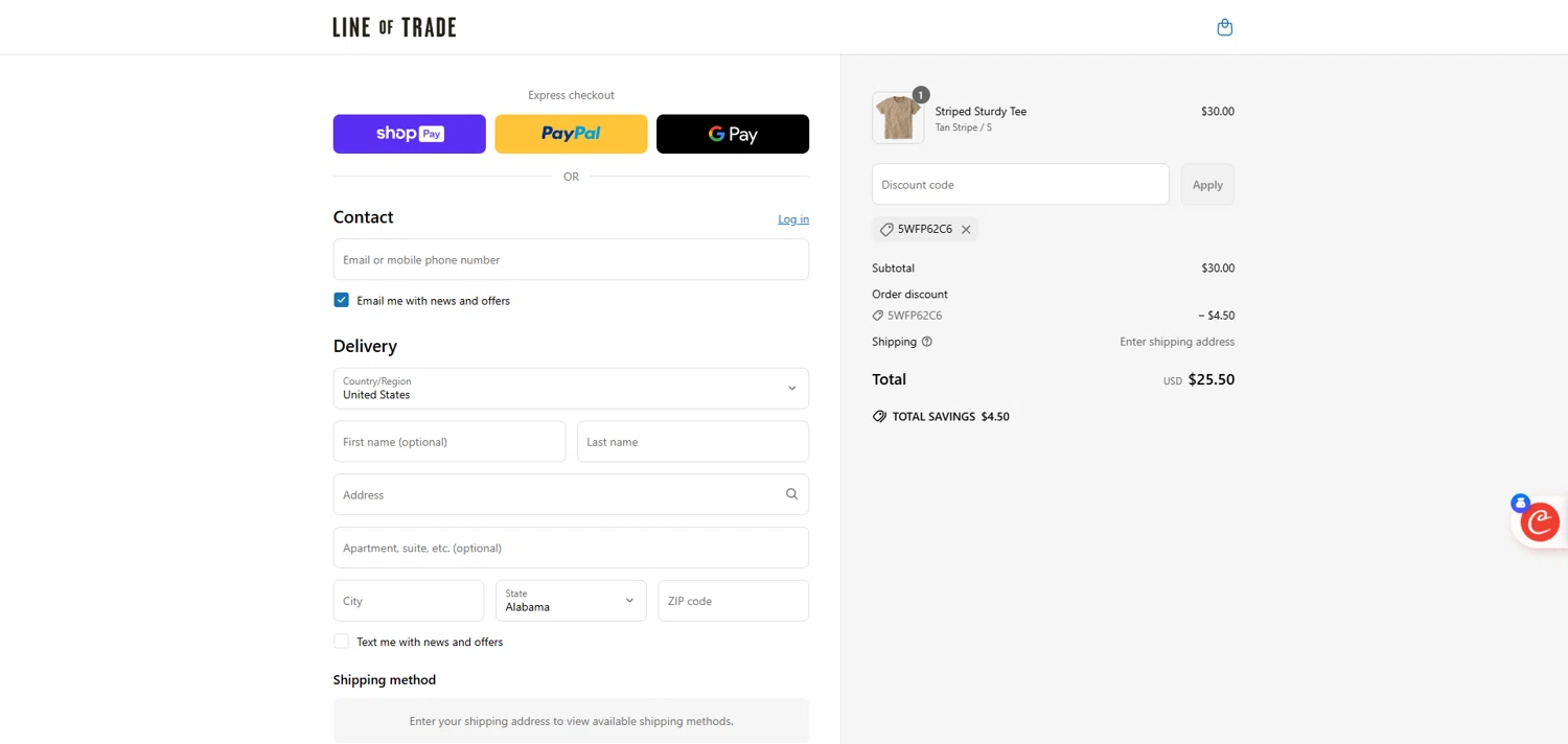 Line of Trade discount code screenshot showing code 5WFP62C6 applied at Line of Trade checkout page. Uploaded by SimplyCodes community member ivantorres on May 24, 2025