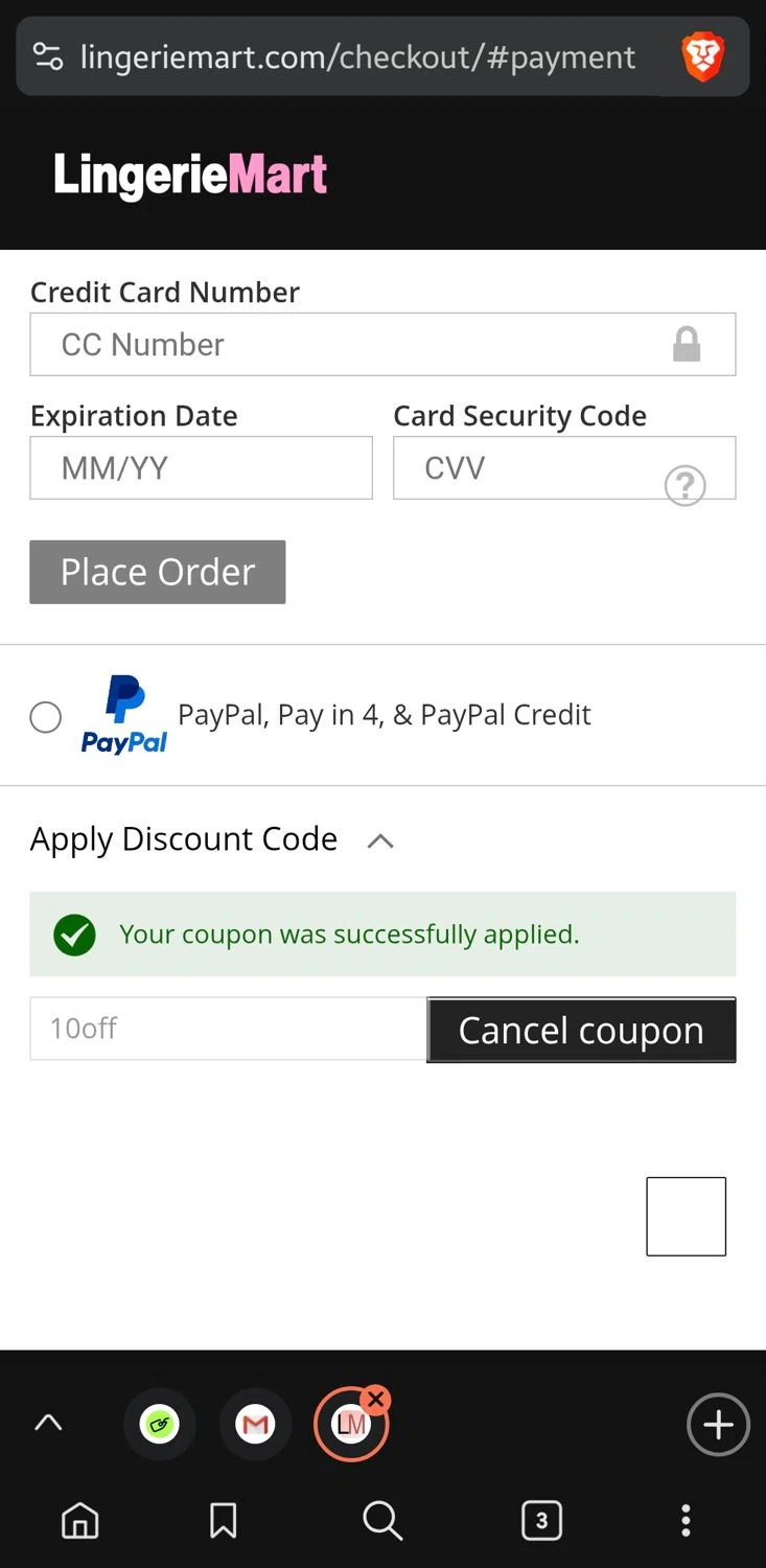 Lingerie Mart promo code screenshot showing code 10off applied at Lingerie Mart checkout page. Uploaded by SimplyCodes community member GoldLynx7797 on Aug 30, 2025
