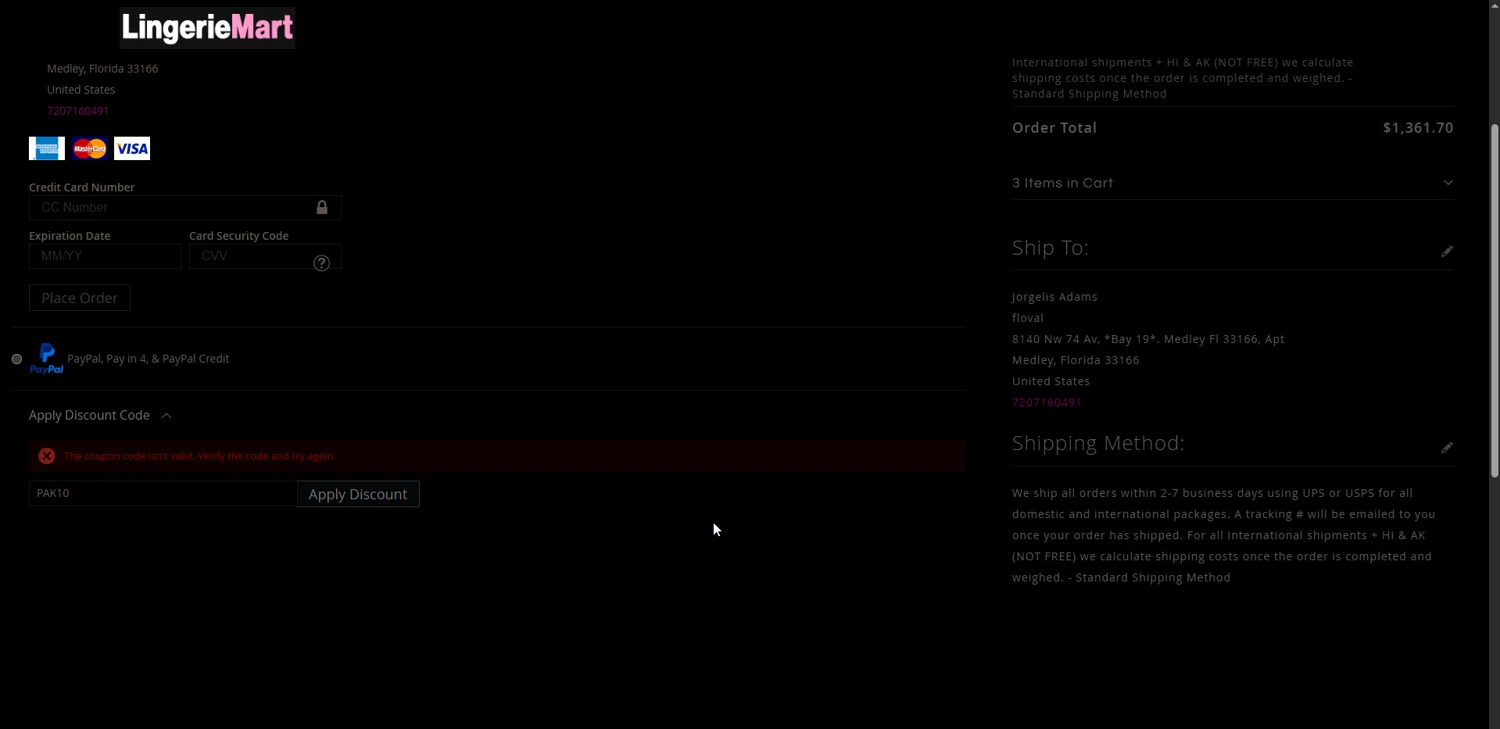 Lingerie Mart promo code screenshot showing code PAK10 applied at Lingerie Mart checkout page. Uploaded by SimplyCodes community member CouponLynx4375 on Jul 4, 2025