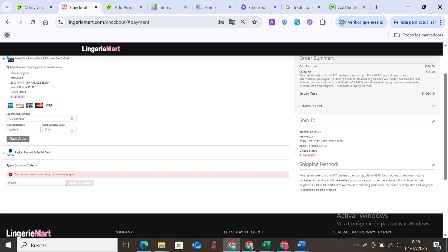 Lingerie Mart promo code screenshot showing code PAK10 applied at Lingerie Mart checkout page. Uploaded by SimplyCodes community member MANUELURBINA on Jul 4, 2025