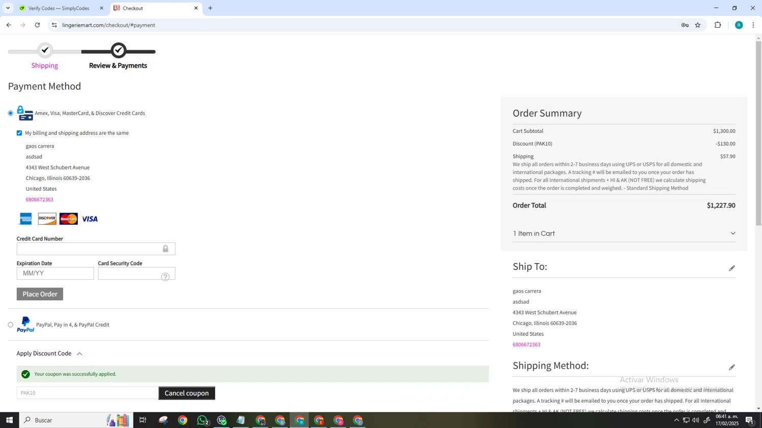 Lingerie Mart checkout page showing Lingerie Mart promo code box | Screenshot taken by SimplyCodes community member on Feb 17, 2025