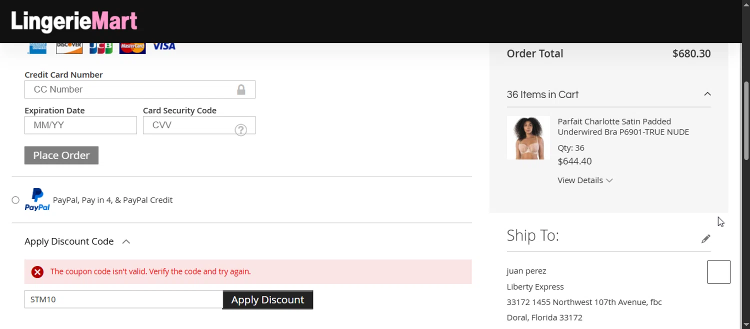 Lingerie Mart promo code screenshot showing code STM10 applied at Lingerie Mart checkout page. Uploaded by SimplyCodes community member Enmanuel99 on Oct 4, 2025
