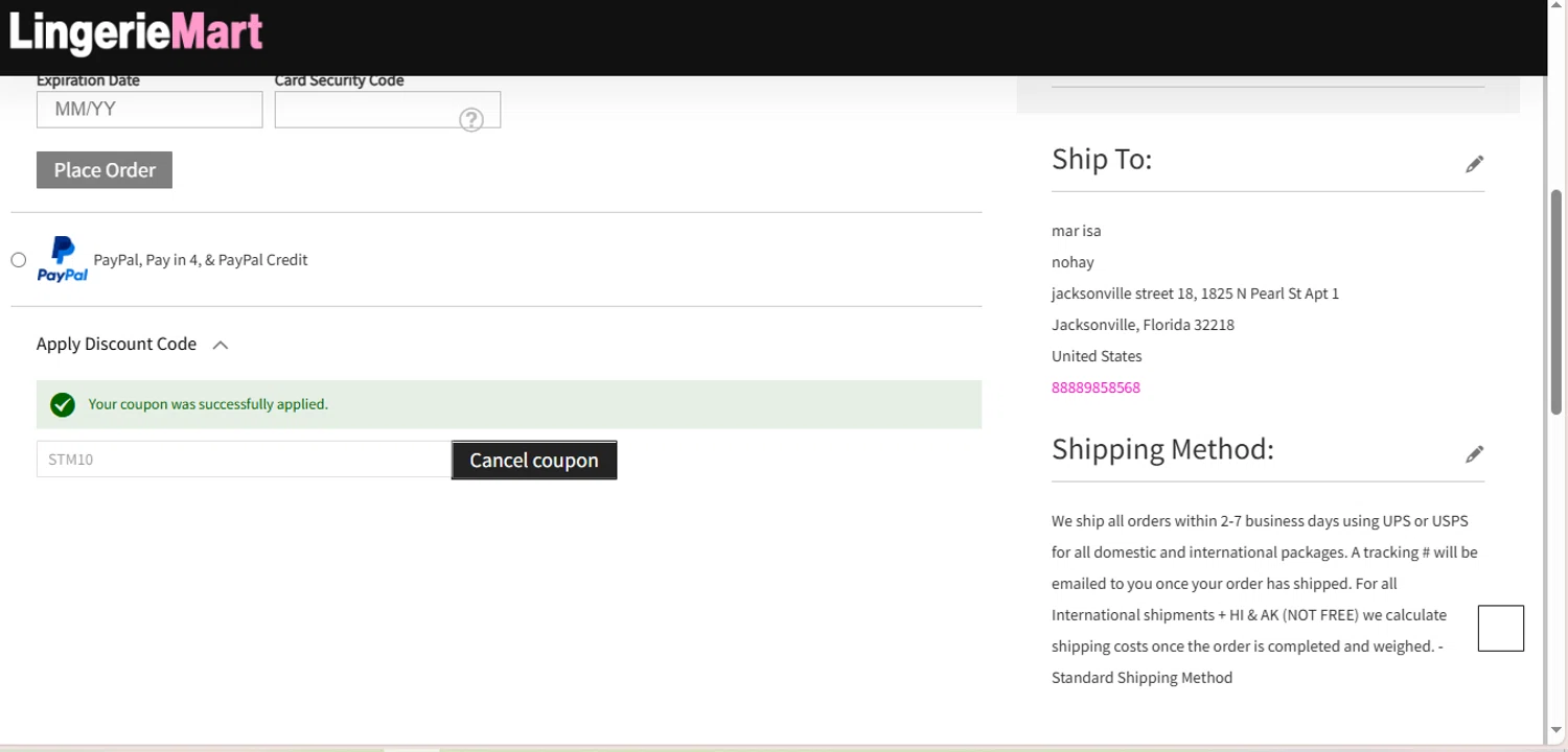 Lingerie Mart checkout page showing Lingerie Mart promo code box | Screenshot taken by SimplyCodes community member on Feb 20, 2025