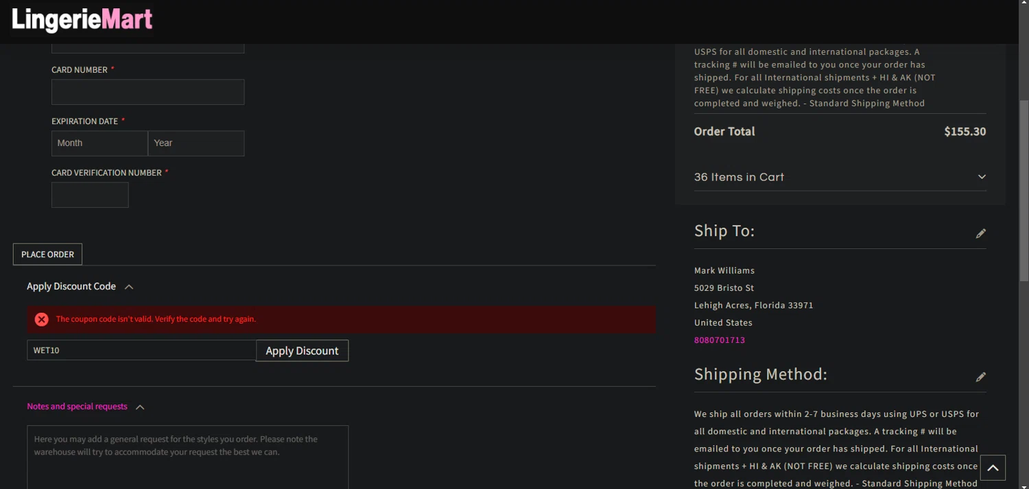 Lingerie Mart promo code screenshot showing code WET10 applied at Lingerie Mart checkout page. Uploaded by SimplyCodes community member Nor_man on Dec 30, 2024