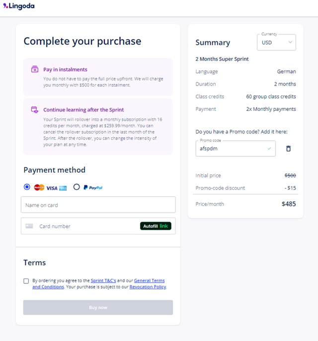 Lingoda checkout page showing Lingoda promo code box | Screenshot taken by SimplyCodes community member on Oct 15, 2024