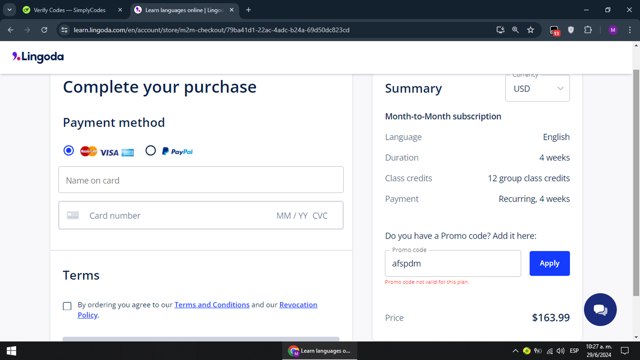 Lingoda checkout page showing Lingoda promo code box | Screenshot taken by SimplyCodes community member on Jun 29, 2024