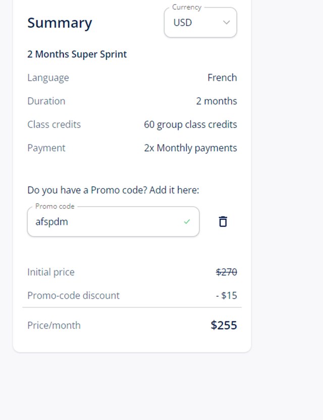 Lingoda checkout page showing Lingoda promo code box | Screenshot taken by SimplyCodes community member on Dec 10, 2024