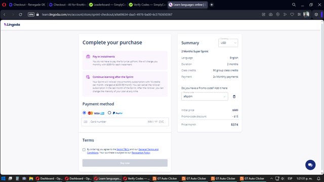Lingoda checkout page showing Lingoda promo code box | Screenshot taken by SimplyCodes community member on May 31, 2024