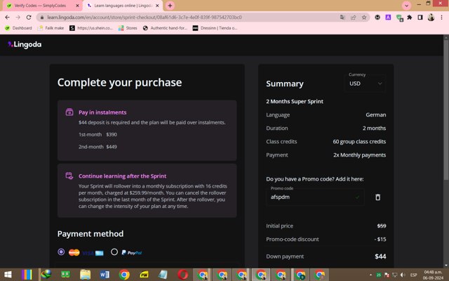 Lingoda checkout page showing Lingoda promo code box | Screenshot taken by SimplyCodes community member on Sep 6, 2024