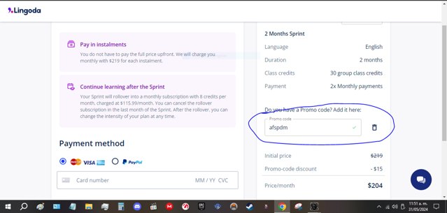 Lingoda checkout page showing Lingoda promo code box | Screenshot taken by SimplyCodes community member on May 31, 2024