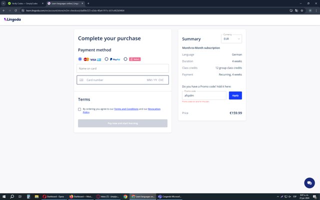 Lingoda checkout page showing Lingoda promo code box | Screenshot taken by SimplyCodes community member on Jul 23, 2024