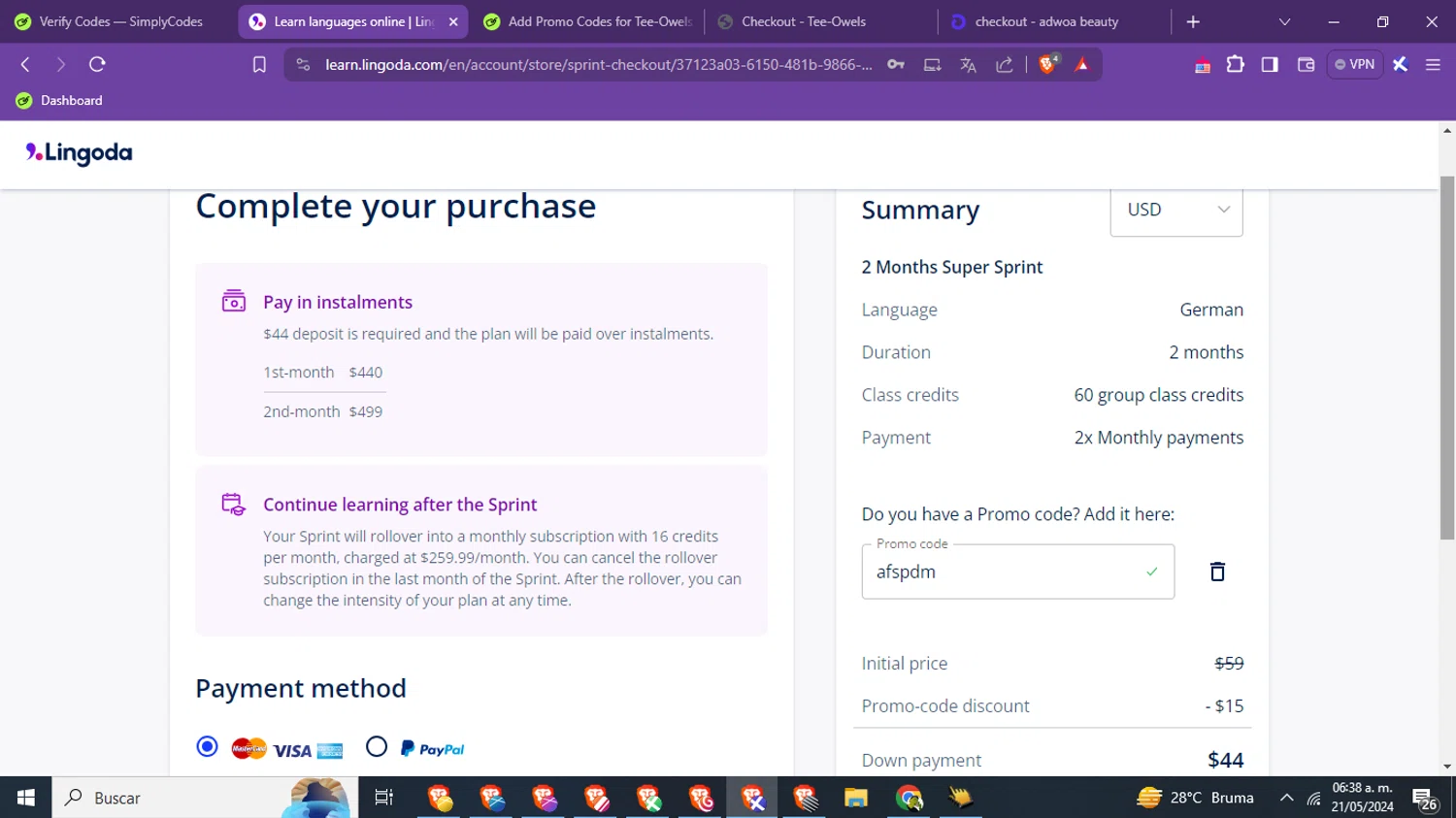 where to use Lingoda promo code box