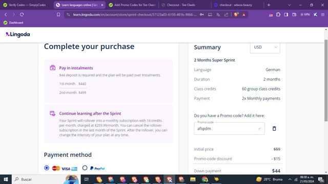 Lingoda checkout page showing Lingoda promo code box | Screenshot taken by SimplyCodes community member on May 21, 2024