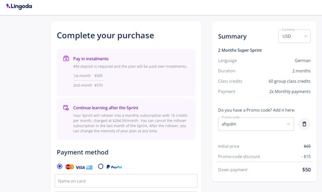 Lingoda checkout page showing Lingoda promo code box | Screenshot taken by SimplyCodes community member on Oct 7, 2024