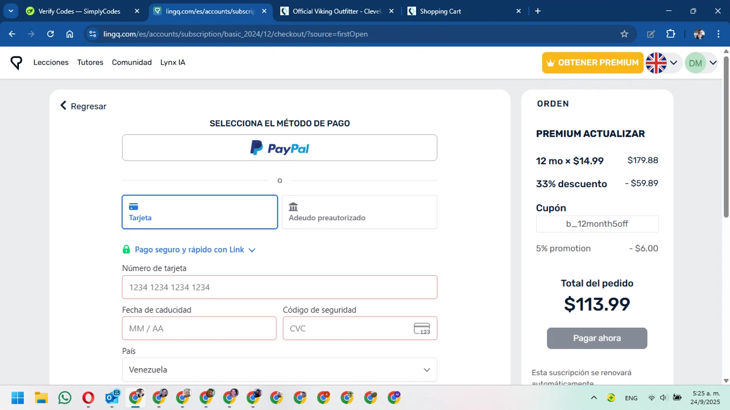 LingQ promo code screenshot showing code b_12month5off applied at LingQ checkout page. Uploaded by SimplyCodes community member DavidMGF on Sep 24, 2025