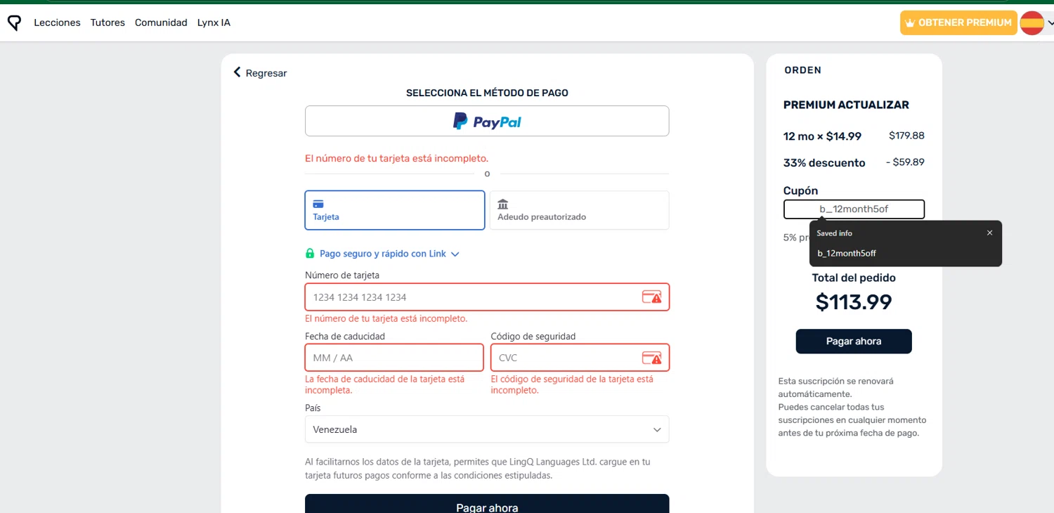 LingQ promo code screenshot showing code b_12month5off applied at LingQ checkout page. Uploaded by SimplyCodes community member chepipro on Aug 27, 2025