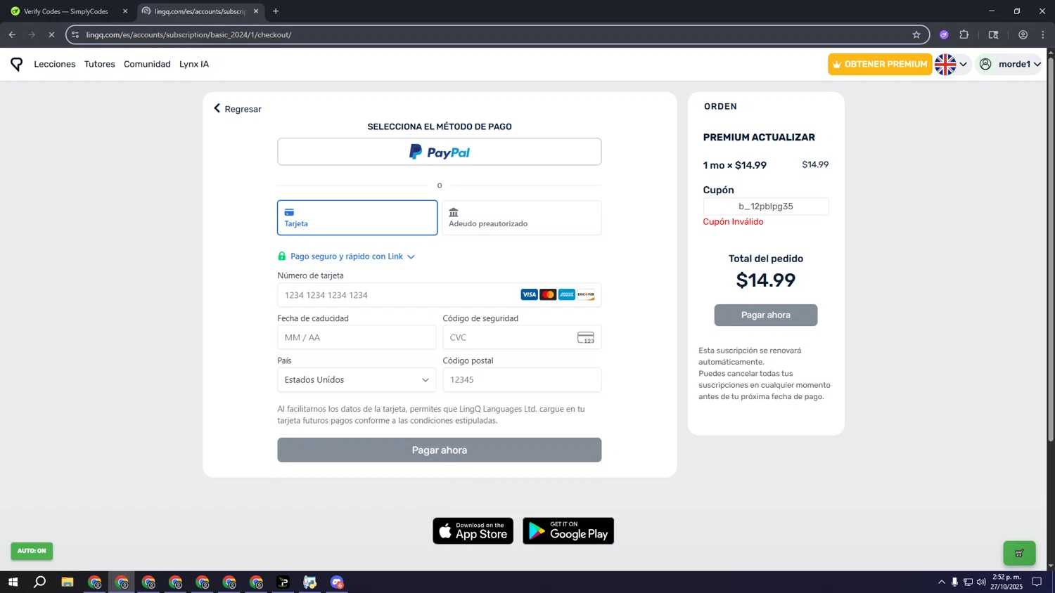 LingQ promo code screenshot showing code b_12pblpg35 applied at LingQ checkout page. Uploaded by SimplyCodes community member aaaaaaaaaaaaaaaa on Oct 27, 2025