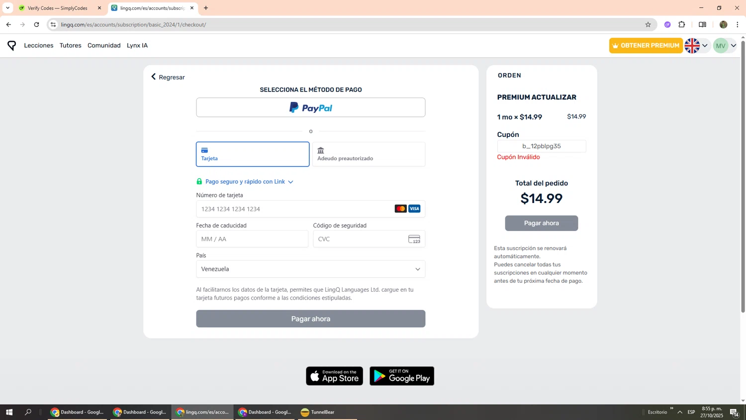 LingQ promo code screenshot showing code b_12pblpg35 applied at LingQ checkout page. Uploaded by SimplyCodes community member Phoenix585 on Oct 28, 2025