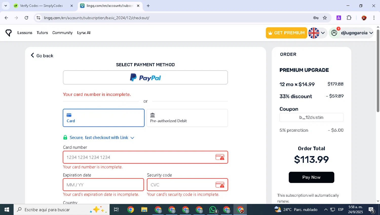LingQ checkout page showing LingQ promo code box | Screenshot taken by SimplyCodes community member on Sep 24, 2025