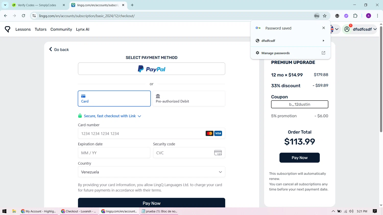 LingQ promo code screenshot showing code b_12dustin applied at LingQ checkout page. Uploaded by SimplyCodes community member CashChaser7272 on Oct 23, 2025