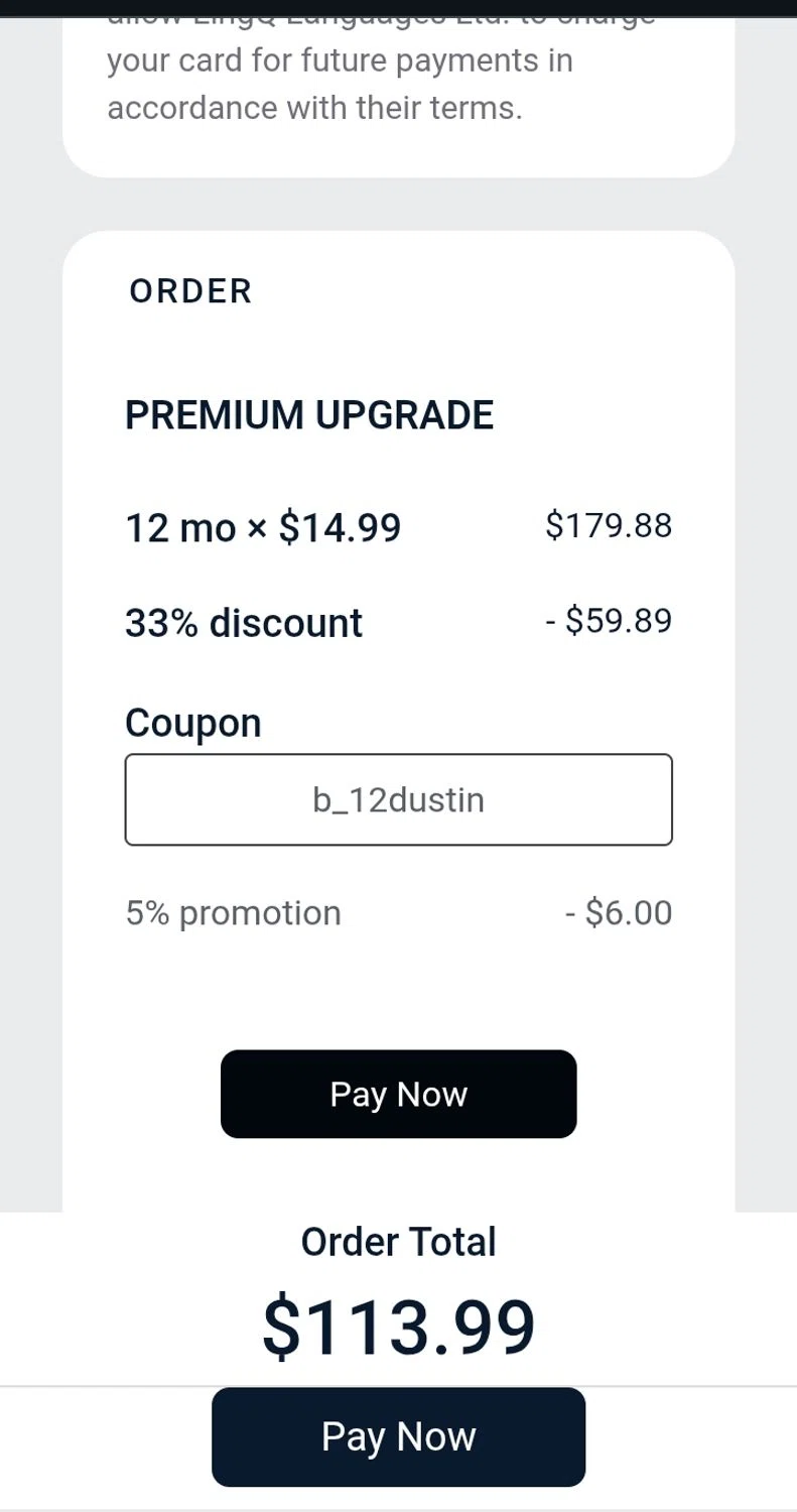 LingQ promo code screenshot showing code b_12dustin applied at LingQ checkout page. Uploaded by SimplyCodes community member Josecaste on Nov 21, 2025