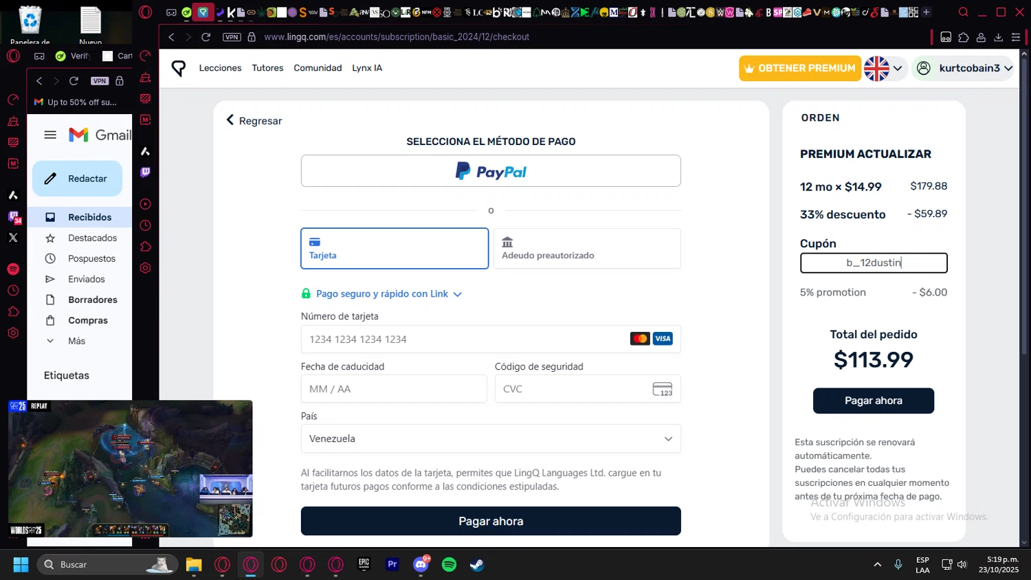 LingQ promo code screenshot showing code b_12dustin applied at LingQ checkout page. Uploaded by SimplyCodes community member leonardocamacho2 on Oct 23, 2025