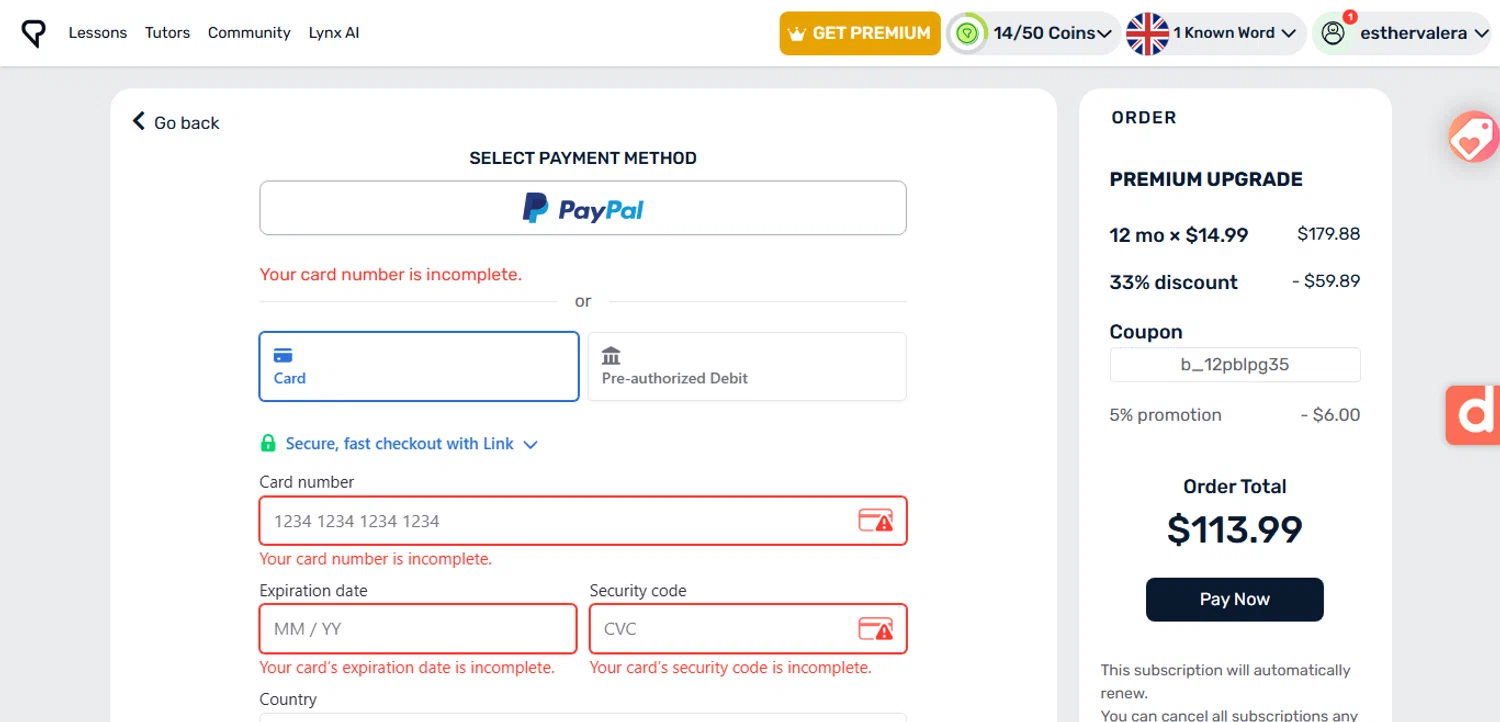 LingQ promo code screenshot showing code b_12pblpg35 applied at LingQ checkout page. Uploaded by SimplyCodes community member ESTHER3121 on Oct 27, 2025