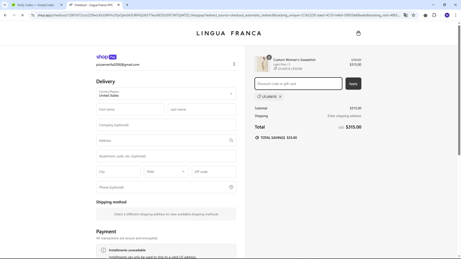 Lingua Franca promo code screenshot showing code LFLANI10 applied at Lingua Franca checkout page. Uploaded by SimplyCodes community member CRF250CC on Mar 8, 2025