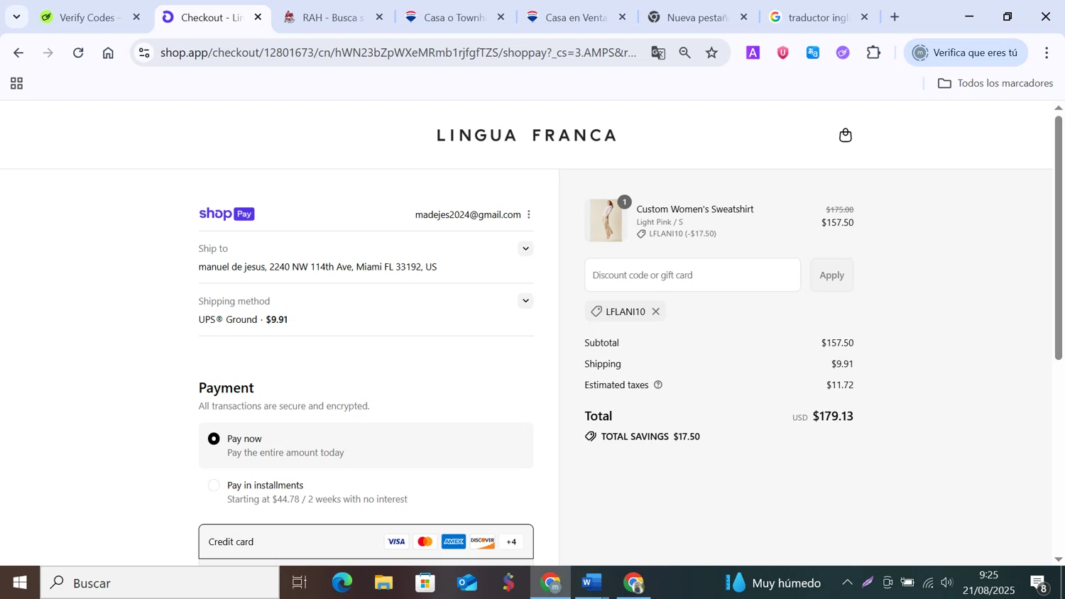 Lingua Franca promo code screenshot showing code LFLANI10 applied at Lingua Franca checkout page. Uploaded by SimplyCodes community member MANUELURBINA on Aug 21, 2025